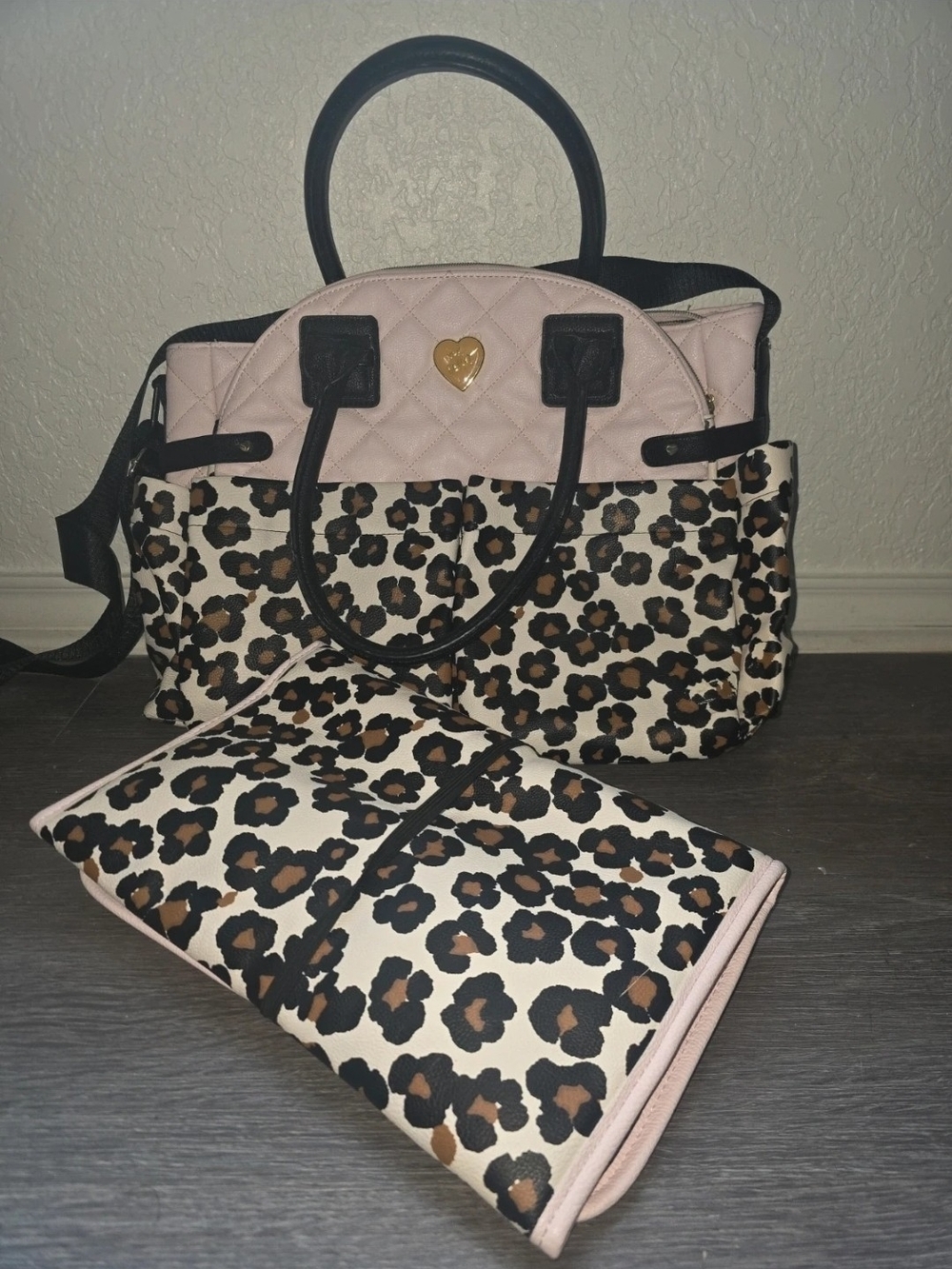Betsey Johnson Leopard Print Pink Diaper Bag With Matching Changing Pad